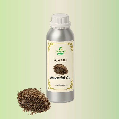 Ajwain Essential Oil by CitSpray. Aluminium bottle with label. Image shows Trachyspermum ammi oil.